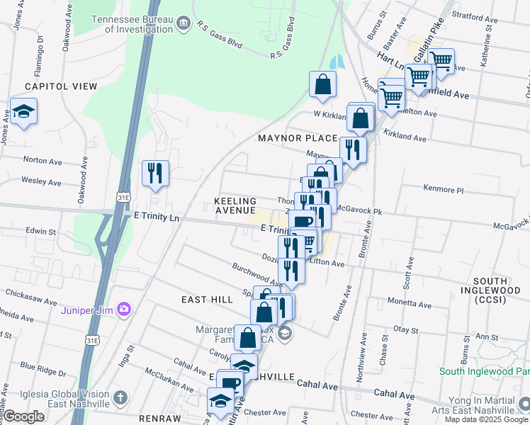 map of restaurants, bars, coffee shops, grocery stores, and more near 800 Vibe Place in Nashville