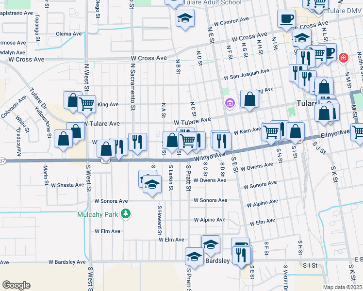 map of restaurants, bars, coffee shops, grocery stores, and more near 772 W Inyo Ave in Tulare