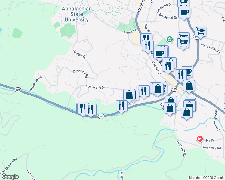 map of restaurants, bars, coffee shops, grocery stores, and more near 169 Chandy Street in Boone