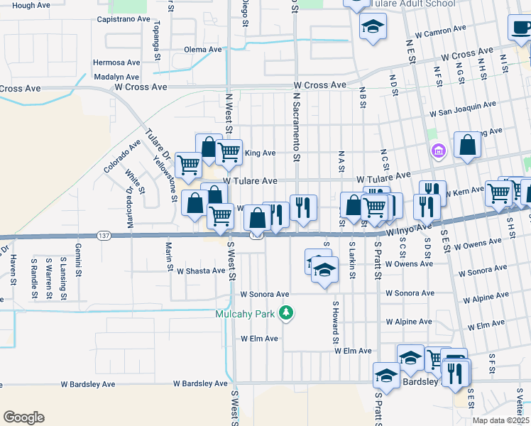 map of restaurants, bars, coffee shops, grocery stores, and more near 1221 West Kern Avenue in Tulare