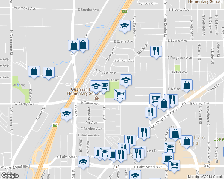 map of restaurants, bars, coffee shops, grocery stores, and more near 2500 Donna Street in North Las Vegas