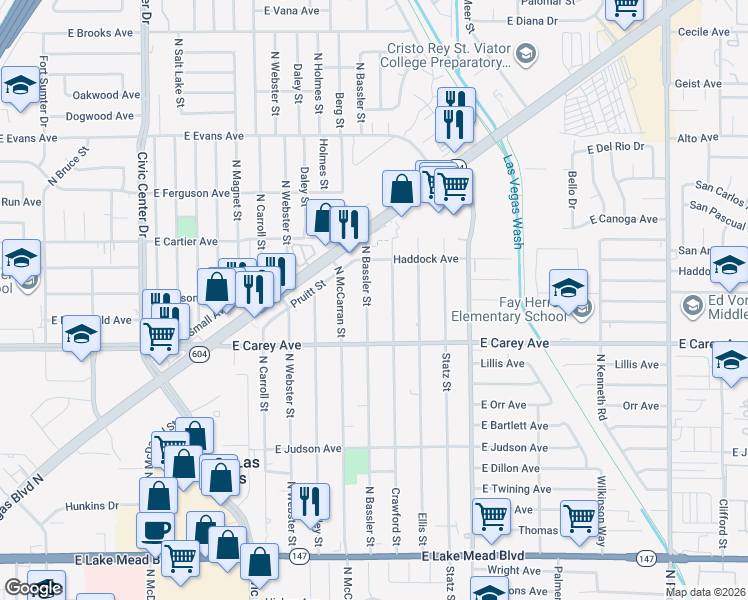 map of restaurants, bars, coffee shops, grocery stores, and more near 2500 Bassler Street in North Las Vegas