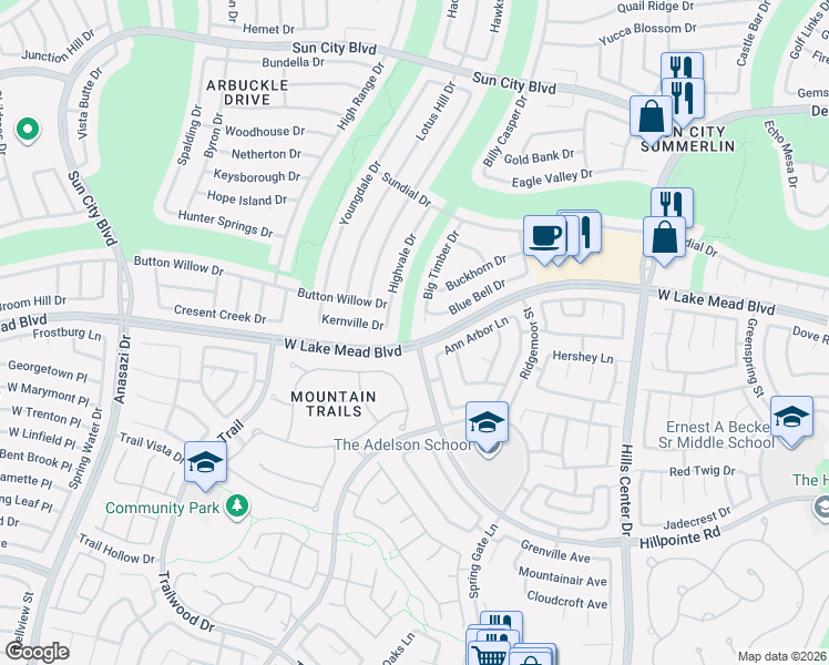 map of restaurants, bars, coffee shops, grocery stores, and more near 9728 Highridge Drive in Las Vegas