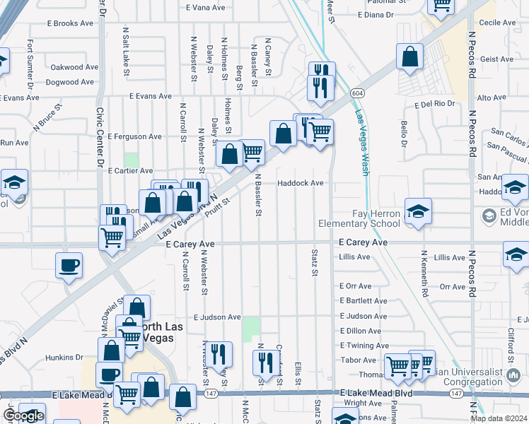 map of restaurants, bars, coffee shops, grocery stores, and more near 2500 Bassler Street in North Las Vegas