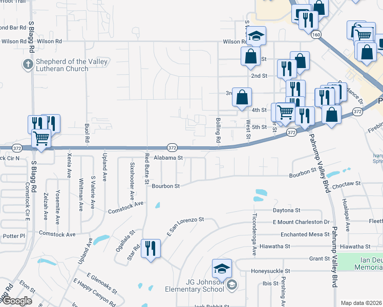 map of restaurants, bars, coffee shops, grocery stores, and more near East Alabama Street in Pahrump