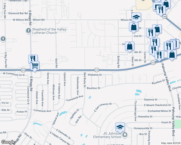 map of restaurants, bars, coffee shops, grocery stores, and more near East Alabama Street in Pahrump