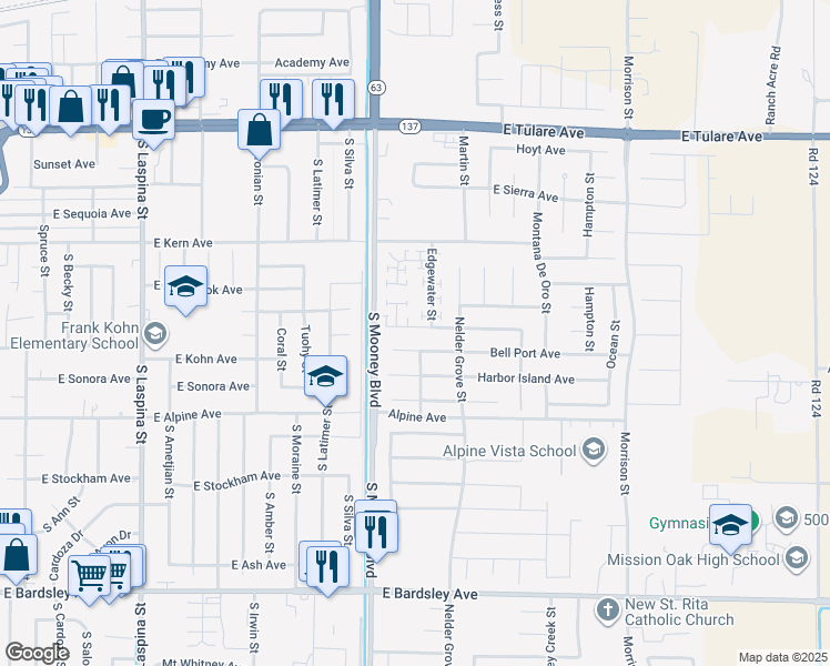 map of restaurants, bars, coffee shops, grocery stores, and more near 2395 Ship Rock Avenue in Tulare