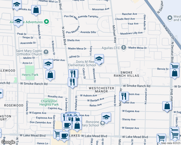 map of restaurants, bars, coffee shops, grocery stores, and more near 2501 Indian Sage Way in Las Vegas