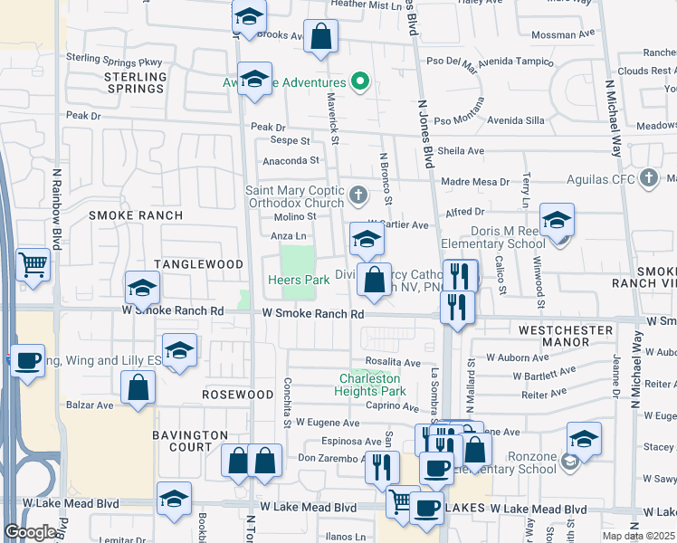 map of restaurants, bars, coffee shops, grocery stores, and more near 6204 Robin Hood Circle in Las Vegas