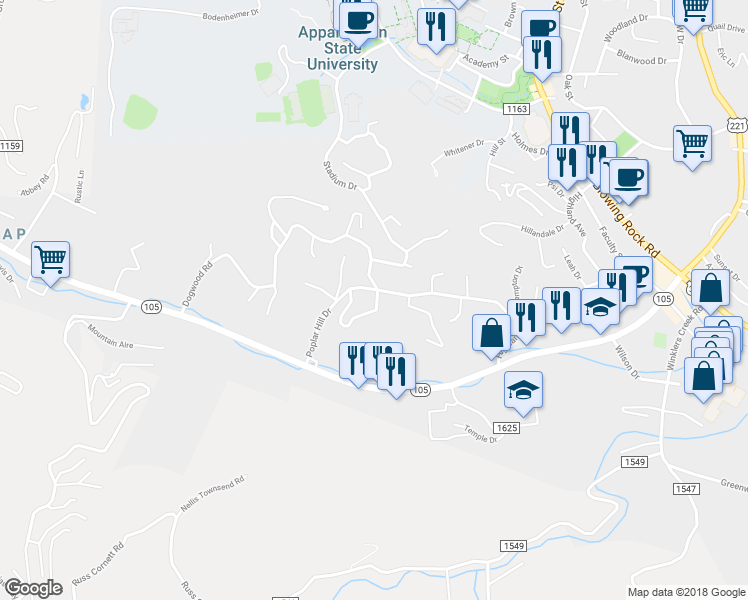 map of restaurants, bars, coffee shops, grocery stores, and more near 315 Horseshoe Drive in Boone