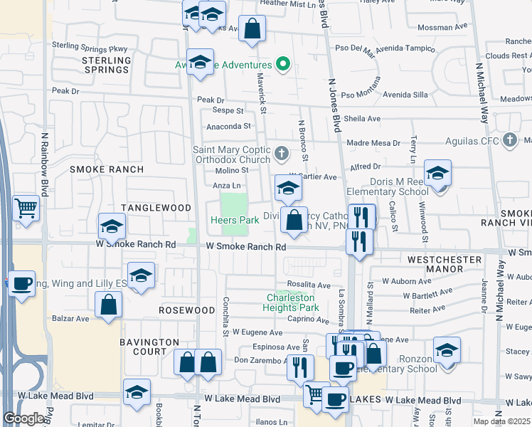 map of restaurants, bars, coffee shops, grocery stores, and more near 6204 Robin Hood Circle in Las Vegas