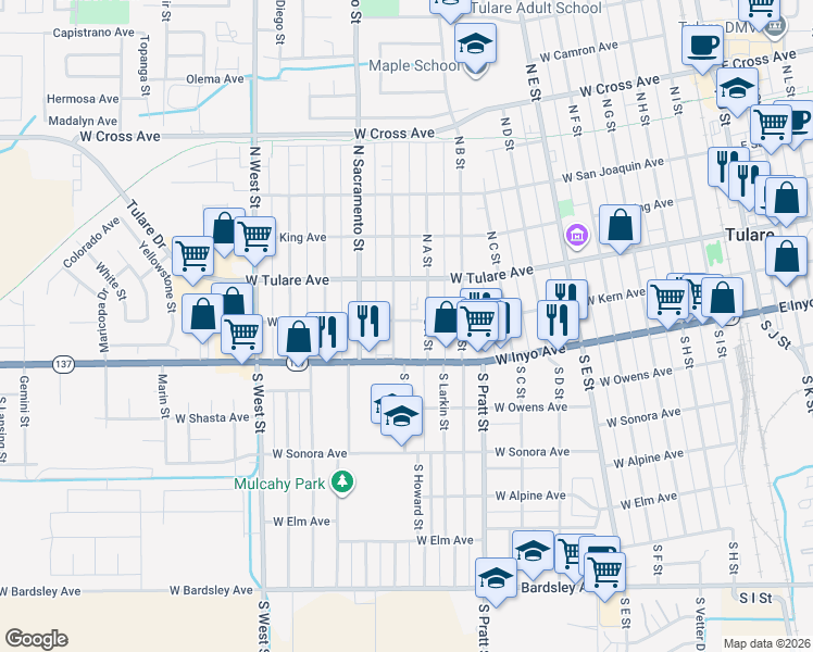 map of restaurants, bars, coffee shops, grocery stores, and more near 146 South California Street in Tulare