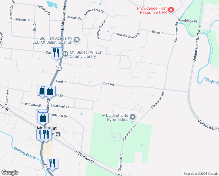 map of restaurants, bars, coffee shops, grocery stores, and more near 468 Curd Road in Mt. Juliet