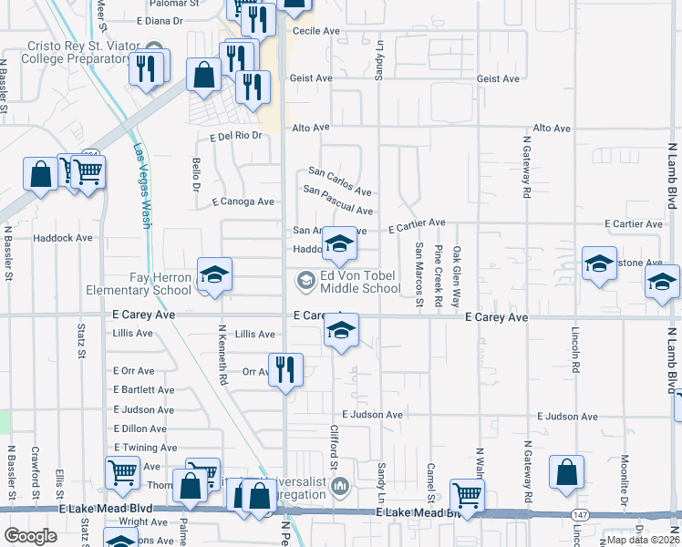 map of restaurants, bars, coffee shops, grocery stores, and more near 2436 North Pecos Road in Las Vegas