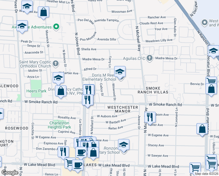 map of restaurants, bars, coffee shops, grocery stores, and more near 2501 Winwood Street in Las Vegas