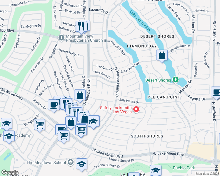 map of restaurants, bars, coffee shops, grocery stores, and more near 8336 Shore Breeze Drive in Las Vegas