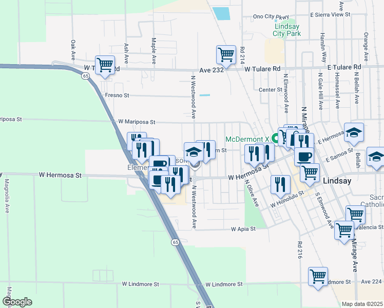 map of restaurants, bars, coffee shops, grocery stores, and more near 412-430 North Westwood Avenue in Lindsay