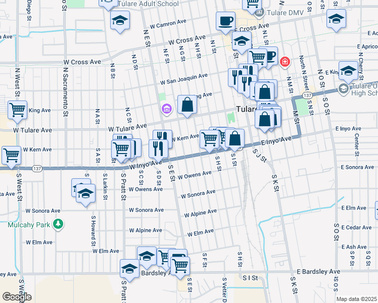 map of restaurants, bars, coffee shops, grocery stores, and more near 217 South G Street in Tulare
