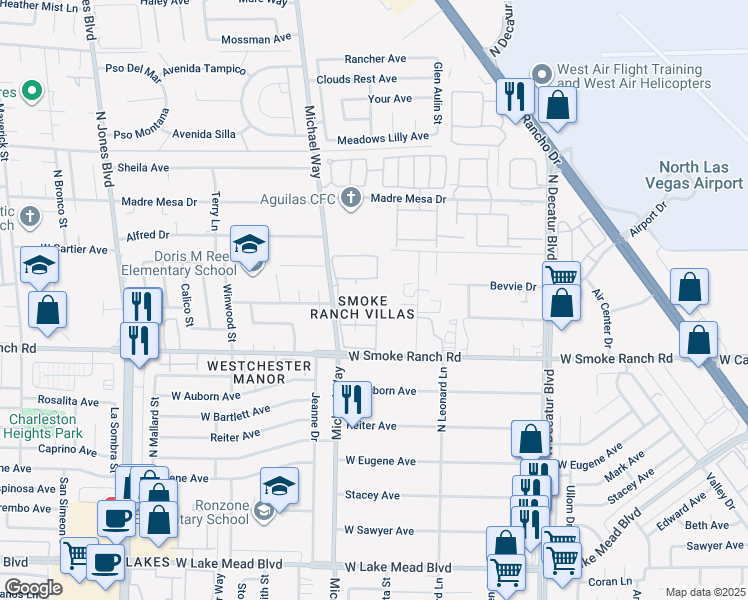 map of restaurants, bars, coffee shops, grocery stores, and more near 5400 Comchec Way in Las Vegas
