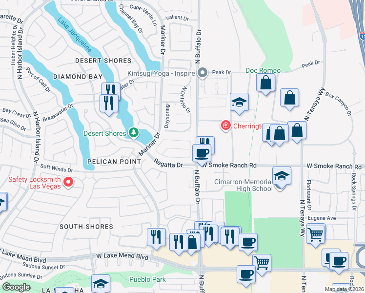 map of restaurants, bars, coffee shops, grocery stores, and more near 7620 Sea Wind Drive in Las Vegas