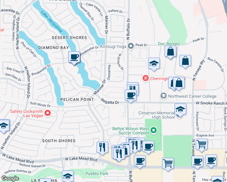 map of restaurants, bars, coffee shops, grocery stores, and more near 7640 Sea Wind Drive in Las Vegas