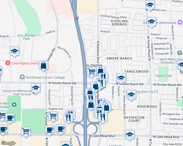 map of restaurants, bars, coffee shops, grocery stores, and more near 2451 North Rainbow Boulevard in Las Vegas
