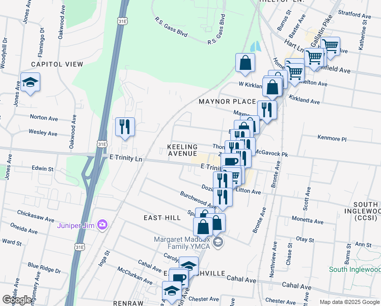 map of restaurants, bars, coffee shops, grocery stores, and more near 1038 Zophi Street in Nashville