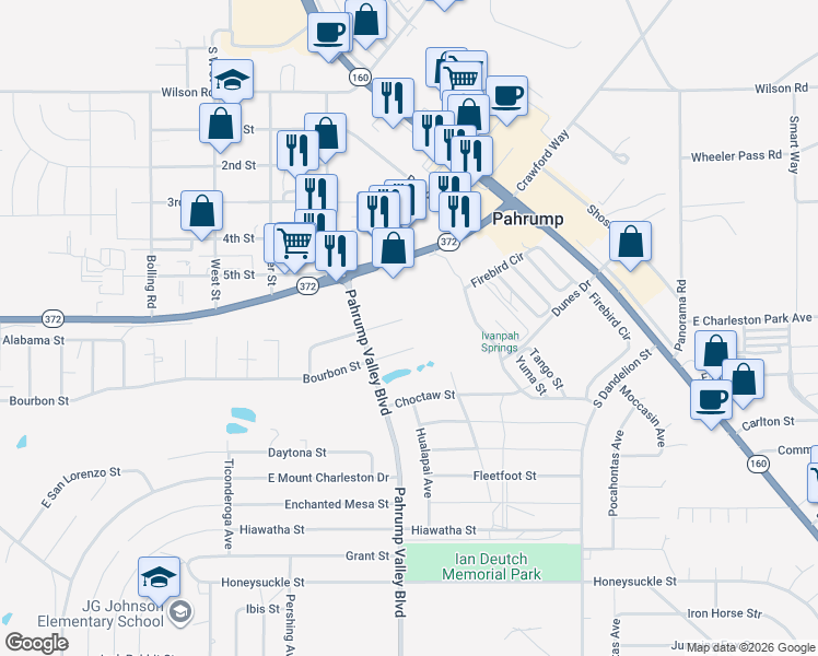 map of restaurants, bars, coffee shops, grocery stores, and more near 1381 East Arrowhead Street in Pahrump