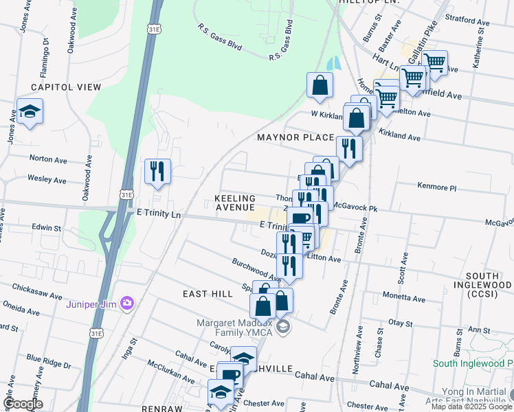 map of restaurants, bars, coffee shops, grocery stores, and more near 1046 Zophi Street in Nashville