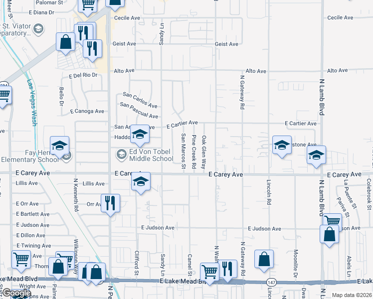 map of restaurants, bars, coffee shops, grocery stores, and more near 2494 San Marcos Street in Las Vegas