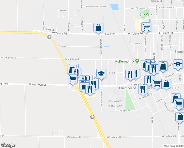 map of restaurants, bars, coffee shops, grocery stores, and more near 879 Burem Lane in Lindsay