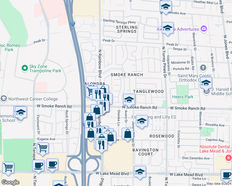map of restaurants, bars, coffee shops, grocery stores, and more near 6665 Golden Pond Circle in Las Vegas