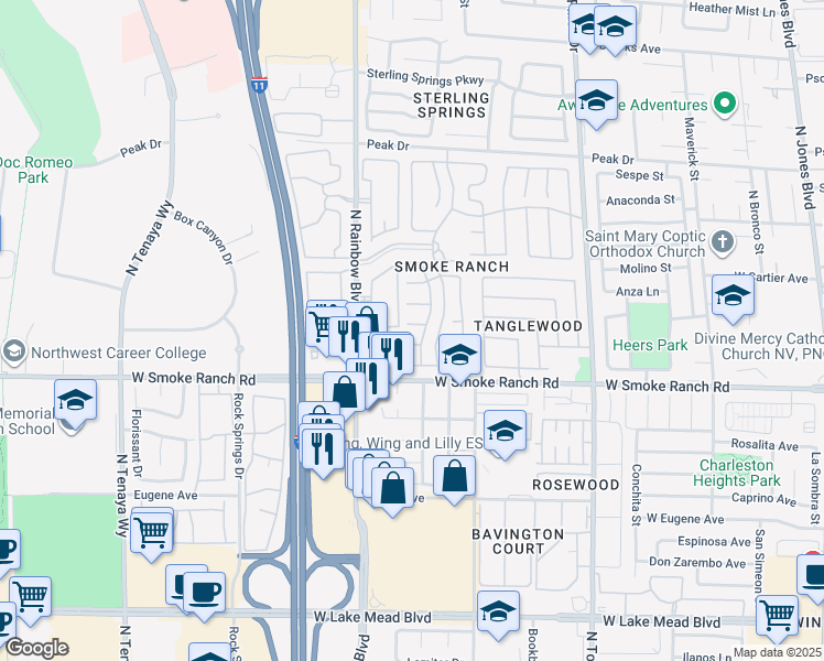 map of restaurants, bars, coffee shops, grocery stores, and more near 6665 Golden Pond Circle in Las Vegas