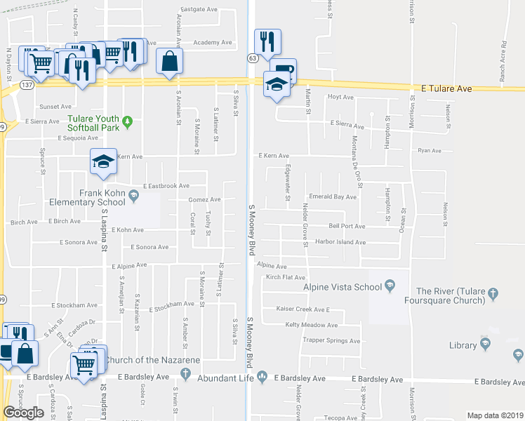 map of restaurants, bars, coffee shops, grocery stores, and more near 2328 Ship Rock Circle in Tulare