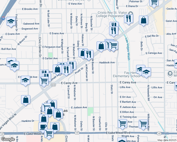 map of restaurants, bars, coffee shops, grocery stores, and more near 2525 Bassler Street in North Las Vegas