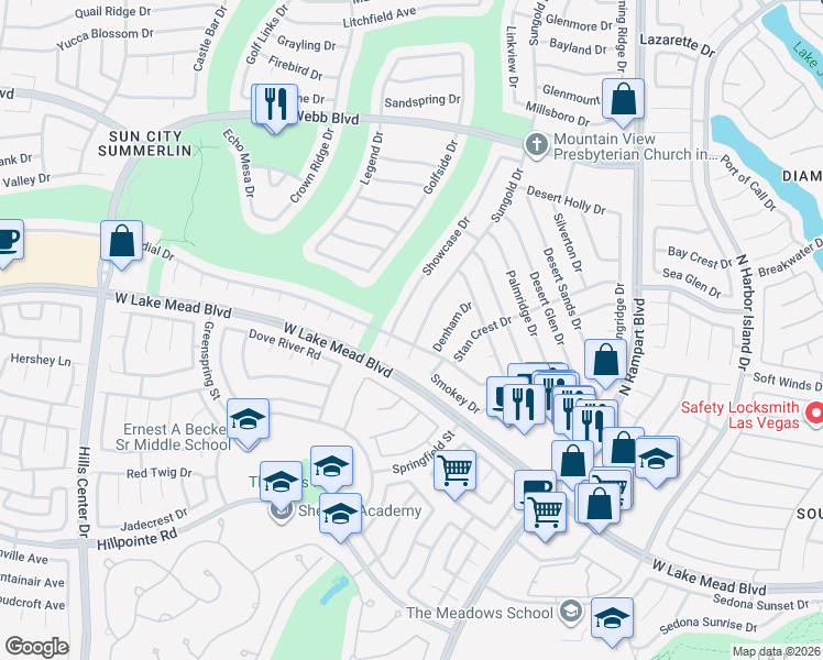 map of restaurants, bars, coffee shops, grocery stores, and more near 2501 Showcase Drive in Las Vegas