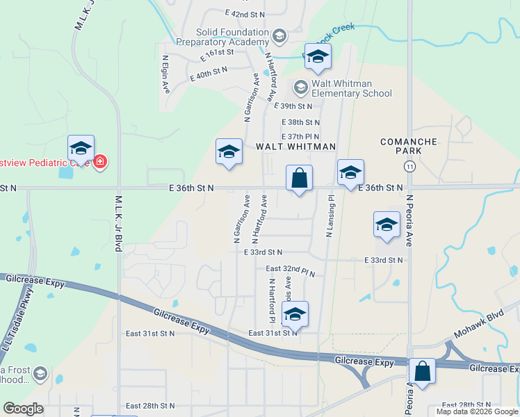 map of restaurants, bars, coffee shops, grocery stores, and more near 3532 North Hartford Avenue in Tulsa