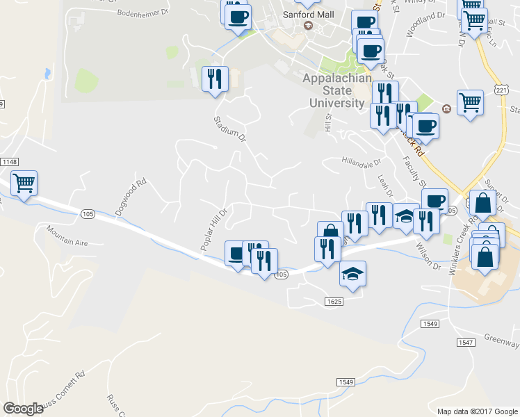 map of restaurants, bars, coffee shops, grocery stores, and more near 410 Poplar Hill Drive in Boone