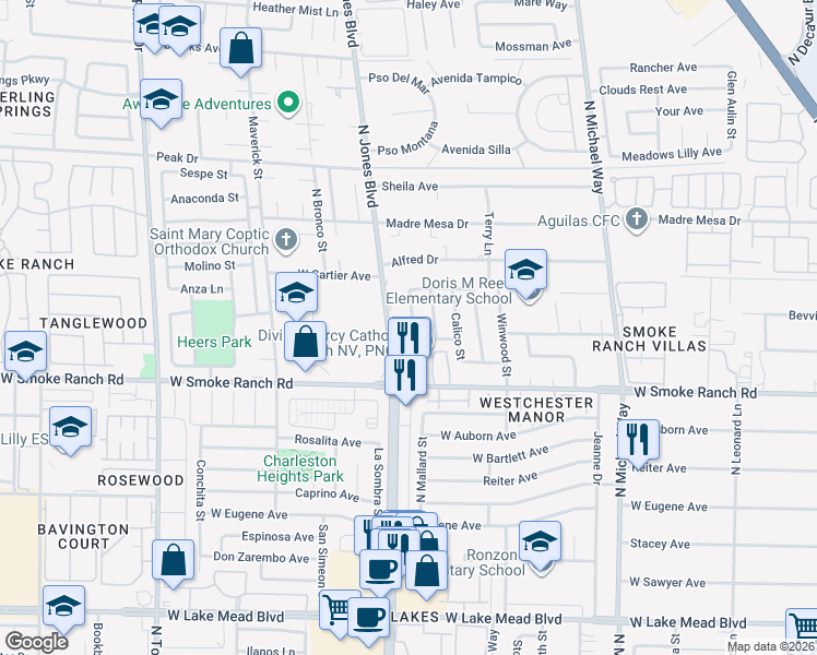 map of restaurants, bars, coffee shops, grocery stores, and more near 2504 Lakeside Drive in Las Vegas