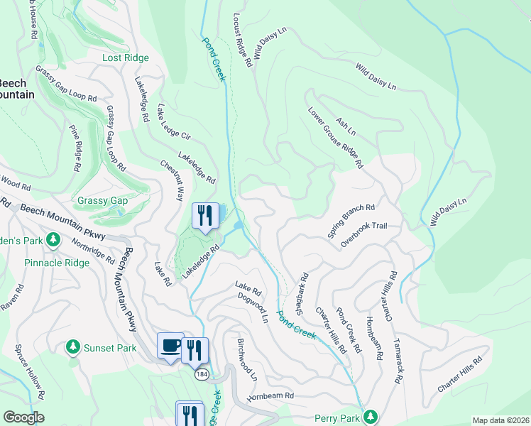map of restaurants, bars, coffee shops, grocery stores, and more near 221 Greenbriar Road in Beech Mountain