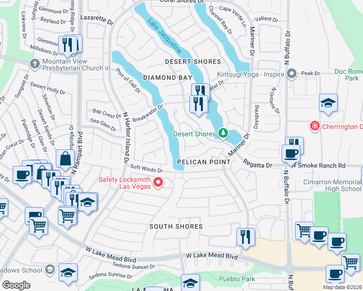 map of restaurants, bars, coffee shops, grocery stores, and more near 2469 Sun Reef Road in Las Vegas
