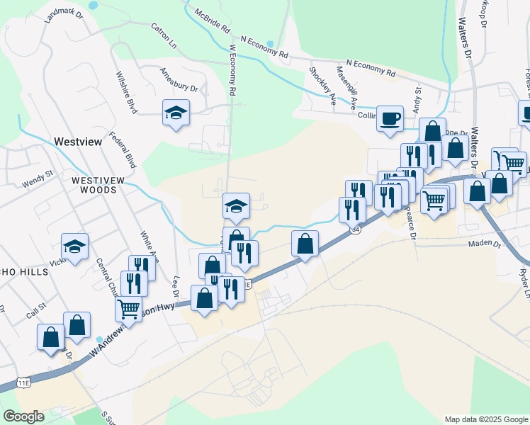 map of restaurants, bars, coffee shops, grocery stores, and more near 430 West Economy Road in Morristown