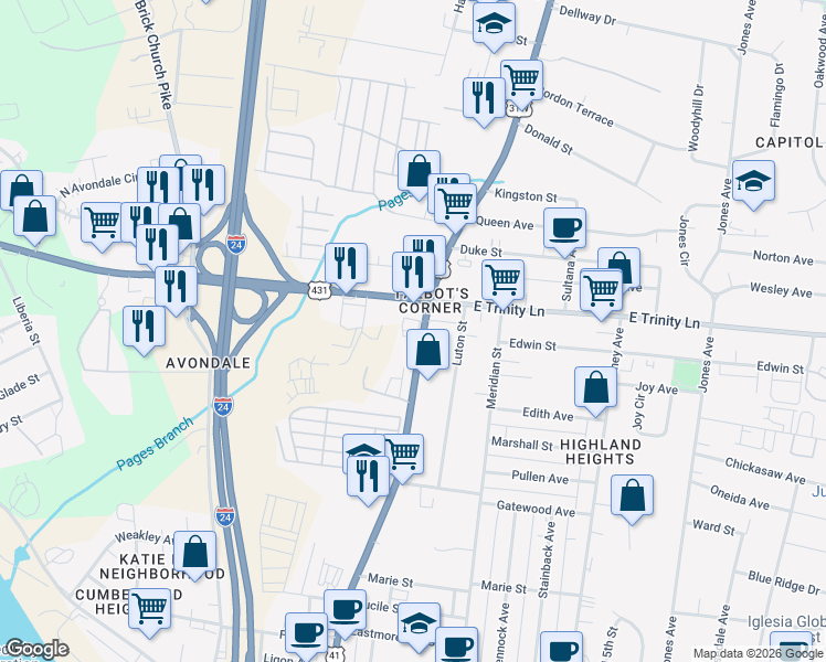 map of restaurants, bars, coffee shops, grocery stores, and more near in Nashville