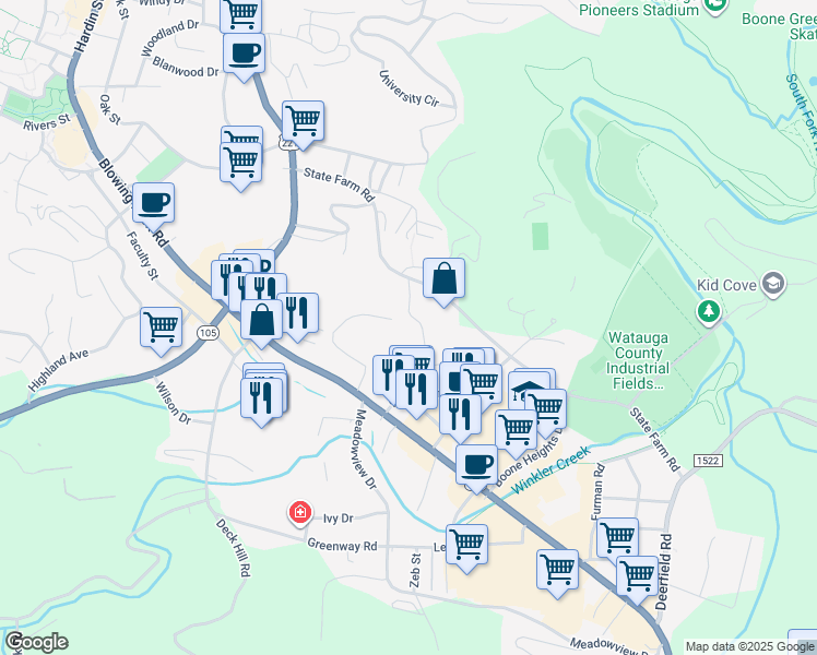map of restaurants, bars, coffee shops, grocery stores, and more near 188 Ivy Terrace Drive in Boone