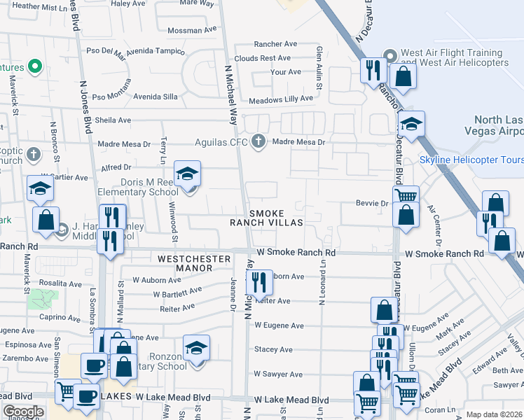map of restaurants, bars, coffee shops, grocery stores, and more near 5424 Geneive Lane in Las Vegas