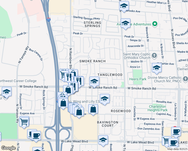 map of restaurants, bars, coffee shops, grocery stores, and more near 6577 Goldensun Court in Las Vegas