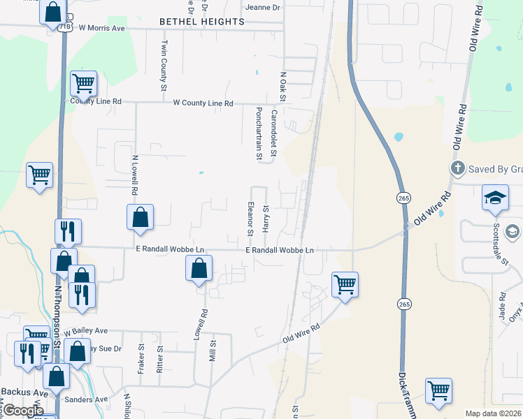 map of restaurants, bars, coffee shops, grocery stores, and more near 2393 Harry Street in Springdale