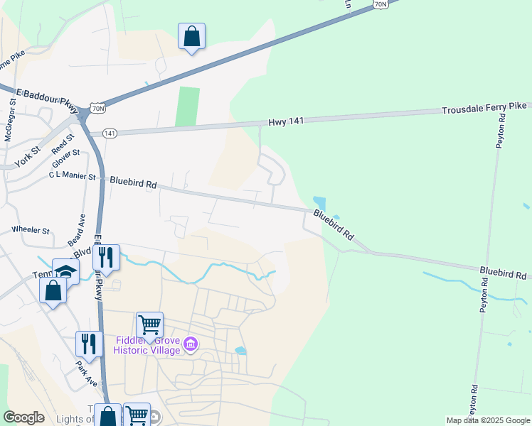 map of restaurants, bars, coffee shops, grocery stores, and more near 1330 Bluebird Road in Lebanon