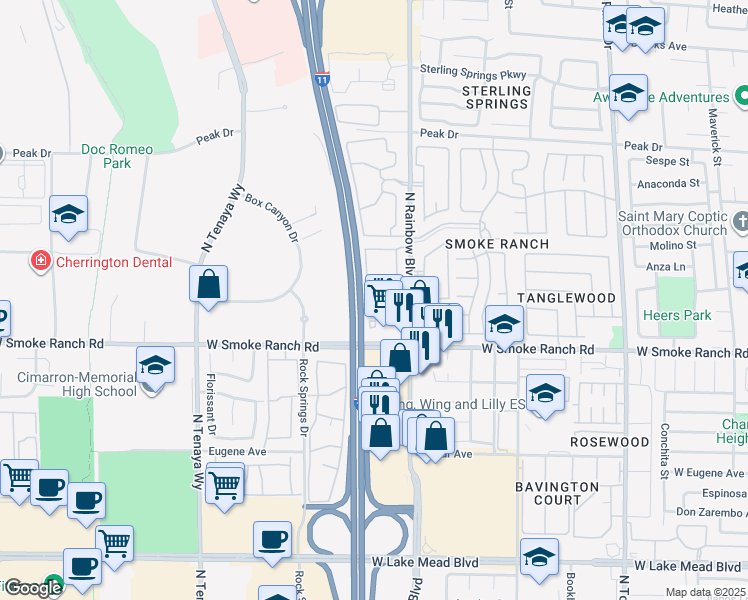 map of restaurants, bars, coffee shops, grocery stores, and more near 2451 North Rainbow Boulevard in Las Vegas