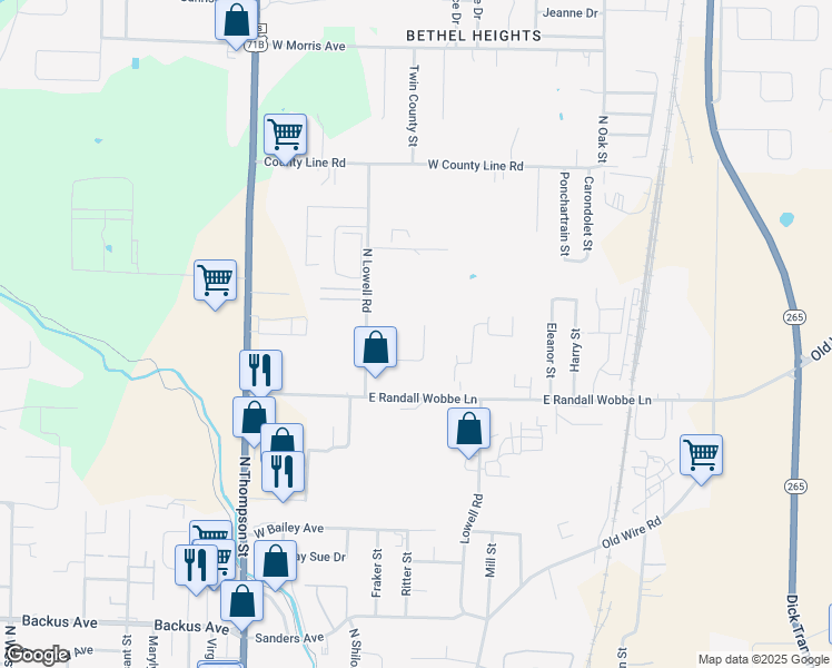 map of restaurants, bars, coffee shops, grocery stores, and more near 2301 Lowell Road in Springdale
